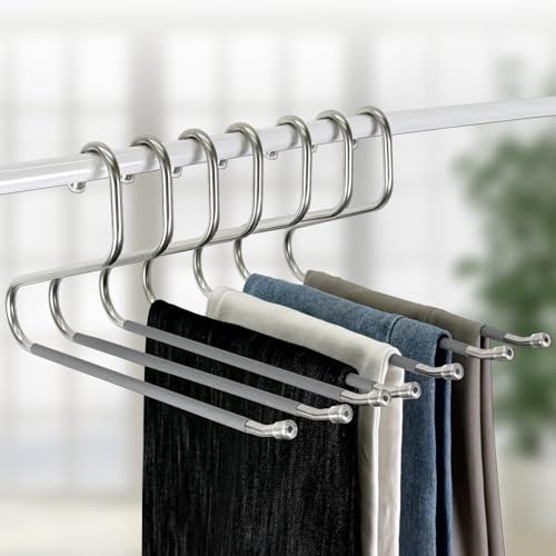OLG 8mm Stainless Pants Hanger with V Hook and Reverse S, Non-Slip for Men Women -Heavy-Duty Trouser and Jeans Closet Organizer, Ganchos para Pantalones (10, Gray)