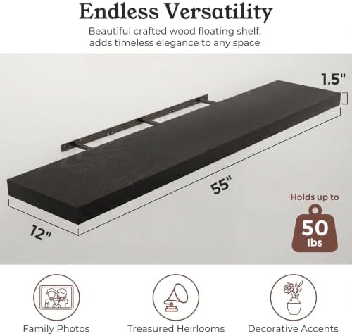 48" Black Floating Shelves 12inch Deep Wall Shelf, Set of 1