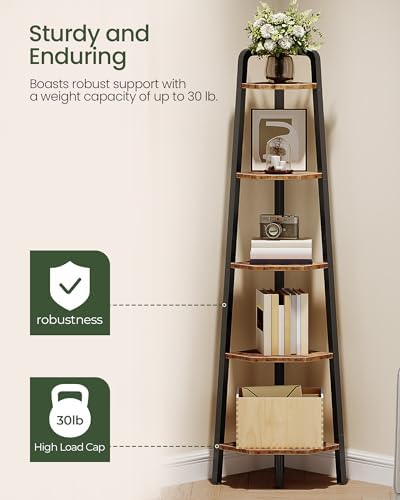 CHOEZON Corner Shelf, 5-Tier Ladder Corner Shelf, Ladder Bookshelf, 59.6" Tall Vertical Display Stand, Metal Frame Books