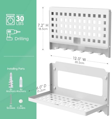 Router Shelf with Hooks & Magnetic Catch - Wall Mount Folding Shelf