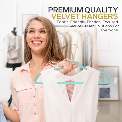 Techzoo 50 Pack New Premium Quality Velvet Hangers Ultra Thin Non Slip Adult Felt Space Saving Hangers for Closet Heavy Duty Coat Pants Dress Hangers 360° Swivel Hook Hold Upto 10 lbs Teal