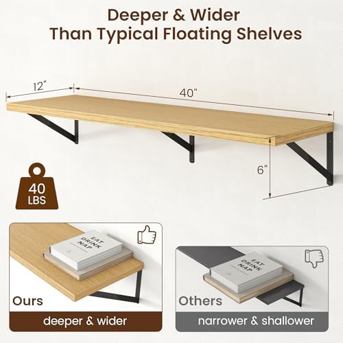 Axeman Deep Floating Shelves - 40 Inch Floating Shelves Set of 2-12 Inch Deep Oak Wall Shelves for Living Room Bathroom 