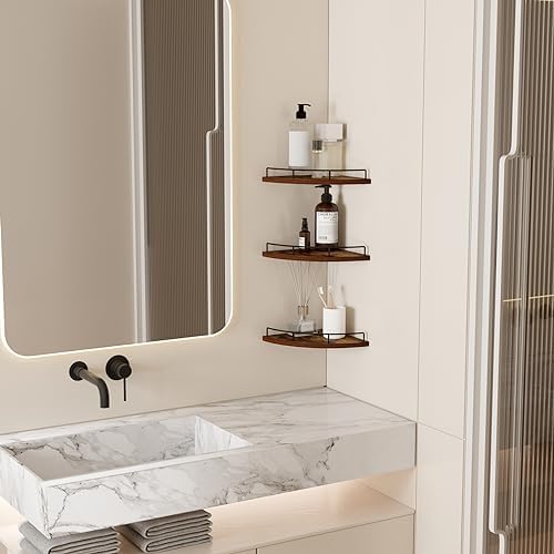 HORLIMER 3 Pack Floating Corner Shelf Wall Mount with Fence, Brown