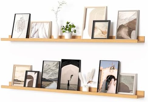 Heimlove Picture Ledge Shelf, Floating Shelves Set of 2, 56 Inches Picture Shelf for Wall with Ledge, Kids Bookshelf Wall Mounted for Living Room Bedroom Decor Books Photo Frames, Natural Oak