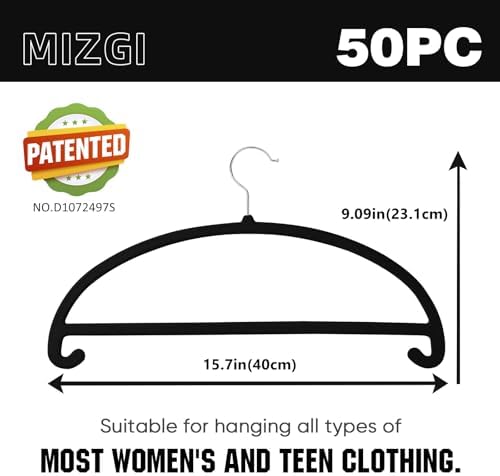 MIZGI 50 Pack Black Velvet Hangers - No Shoulder Bumps, Heavy Duty Non-Slip Chrome Hooks for Jackets, Coats, Pants
