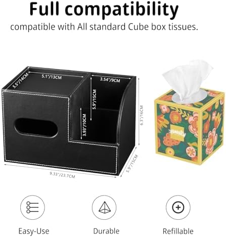 PU Leather Square Tissue Box Cover with Storage Tray,Cube Tissue Box Holder