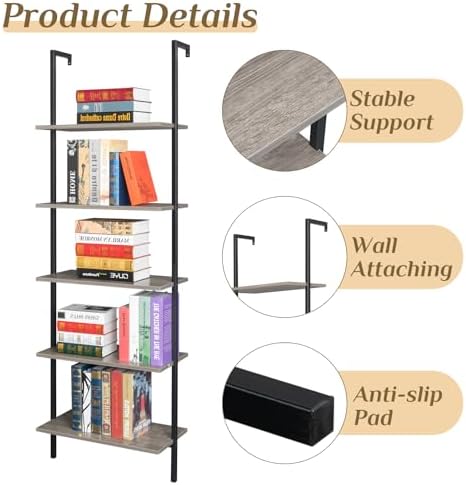 Karl home Gray 5 Tier Wall Mount Ladder Shelf, Metal Frame Bookcase