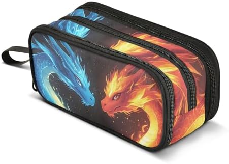Dragons Red Blue Fire Eyes Pencil Case Box Boys Girls Large Pencil Pouch with Zipper Compartments Big Capacity Stationery Pen Bag Organizer for Kids Teens Adults School