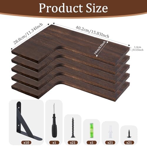 Corner Floating Shelves Set of 5, Rustic Wood Shelves, Dark Brown