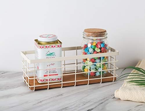 TIEYIPIN Small Metal Wire Storage Basket, Detachable Wood Base Storage Organizer Bin Basket for Kitchen Cabinets, Bathro