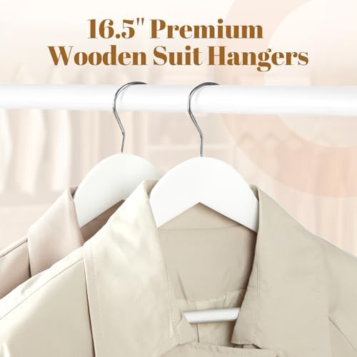 HOUSE DAY Wooden Suit Hangers 6 Pack，Heavy Duty Wide Shoulder Hangers, Solid Wood Coat Hanger with Non-Slip Pant Bar for Petite Adults, Teens and Small Suits, Coats, Jackets (White, 16.5‘’)