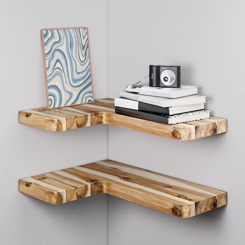 BATODA Acacia Corner Floating Shelves 17“x12”, Wall Shelves - Floating Book Shelves for Wall, Corner Bookshelf for Home 