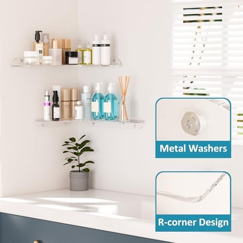 Sezanrpt 8x11.8 Inch Clear Corner Shelf Wall Mount Set of 2, Acrylic Corner Floating Shelves, Wall Organizer Shelf for B