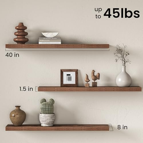 40" Floating Shelves for Wall, Set of 2, 8" Deep, 1.5" Thick, Brown