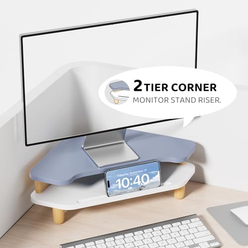 AFOOYO Monitor Stand Riser,2 Tier Corner Wood Sturdy 16.5In Computer Stand, Multi-Purpose Desktop Storage Stand for Lapt