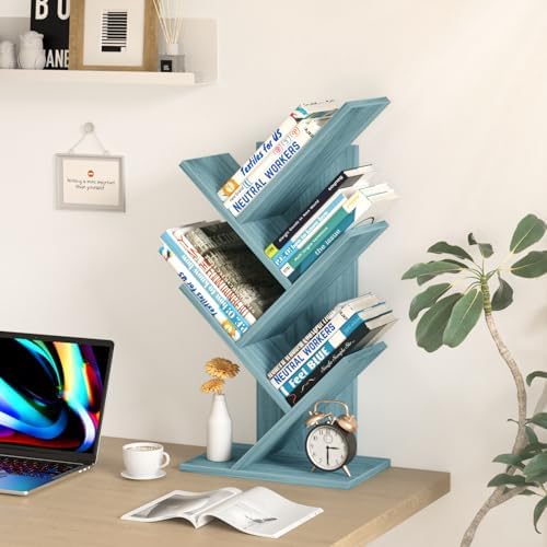 SHEEPAM Small Tree Book Shelf,5 Tier Bookshelf, Wood Desktop Bookcase