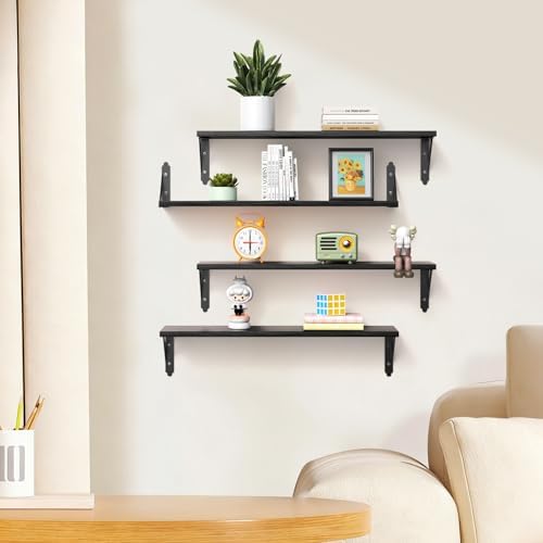 ROMGUAR CRAFT Wood Wall Floating Shelves Set of 4, 23.6" x 6" - Black