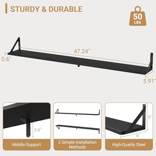 Heimlove 48 Inch Large Wall Bookshelves Set of 3, Wall Mounted Bookshelves,Heavy Duty Wooden Shelves for Living Room,Bed
