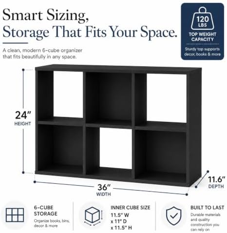 IULULU 6-Cube Storage Organizer Shelf, Freestanding Bookcase - Black
