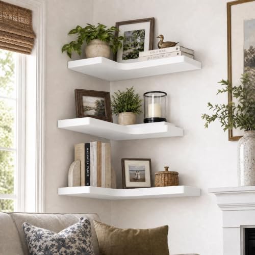 16 Inch Solid Wood Floating Corner Shelves, 3 Pack, Classic White