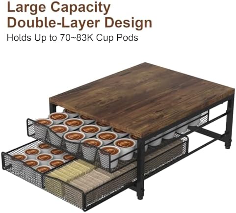 VyGrow Coffee Pod Holder For Counter, Wooden K Cup Holder with Double Layer Sliding Drawer, Large Capacity Coffee Pod St