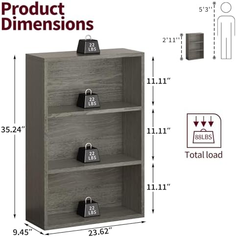 ALISENED 3-Tier Bookshelf, 23.6 × 9.4 × 35.2in, Small Bookshelf