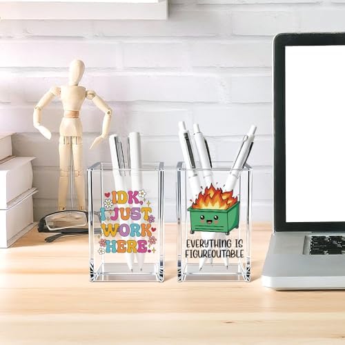 Funny Dumpster Fire Work 2 Pack Acrylic Cosmetic Pencil Pen Holder Cup, Cute Office Pen Holder for Desk, Funny Work Burnout Gifts for Coworker Friend, Mental Health Gifts for Women Boss Teacher