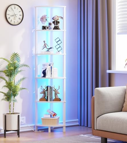 VIMBER Corners Shelf with LED Light, 6-Tier Corner Bookshelf, Industrial Corner-Ladder Shelf, Modern Display Shelf for L