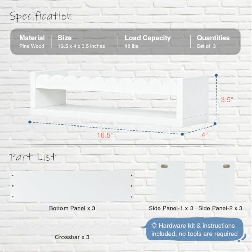 White Scalloped Floating Shelves for Wall, Scallop Nursery Book Shelves