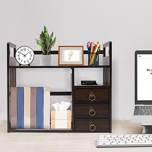 Bamboo Desk Book Shelf,Desktop Bookshelf Storage Rack Tabletop Standing Organizer Bookshelf with 3 Drawers,Freestanding 