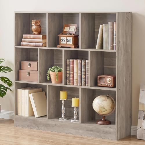 YAHARBO 3 Tier 10 Cube Long Horizontal Bookshelf, Under Window Shelf,Grey