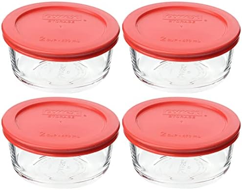 Pyrex 7200 2-Cup Glass Bowl & 7200-PC Red Lid (4-Pack) - Made in USA