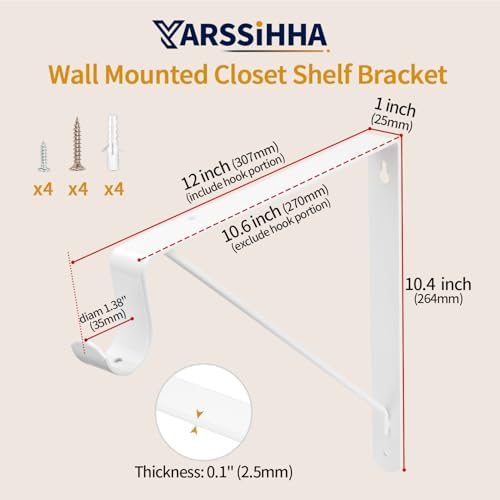 Yarssihha 2 Pack Closet Rod Bracket, 12 x 10.4 Inch Wall Mounted Closet Shelf Bracket, White Closet Rod Support Bracket 