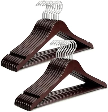 TOPIA HANGER Luxury Wooden Suit Hangers for Closet - Cherry Wood With Extra Thick Hook and Non-Slip Pants Bar, Heavy Duty Coat Hangers With Notches for Shirts - 16 Pack CT01M