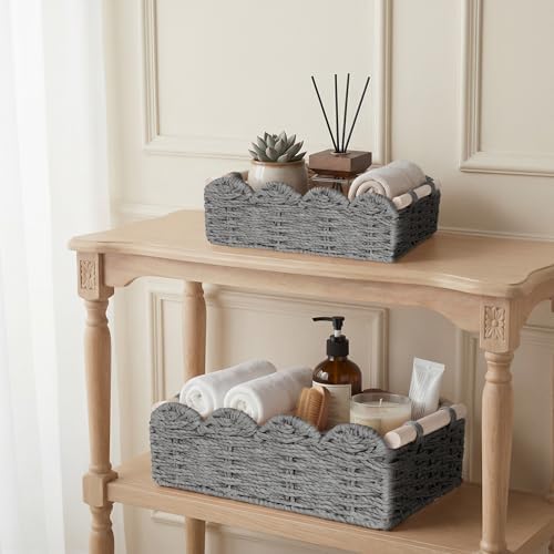 iEGrow Paper Rope Small Storage Baskets for Organizing, Set of 2 Scalloped Edge Wicker Basket with Wooden Handles Toilet Paper Basket for Over Toilet Storage Shelf, Home Decor, Living Room (Grey)