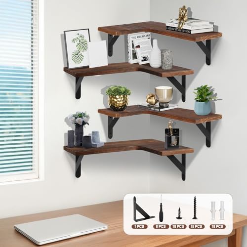 Set of 4 Corner Floating Shelves, L-Shaped Corner Shelf,Dark Brown