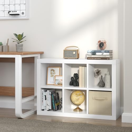 furtble Bookshelf with Storage Bin, 6-Cube Storage Organizer, Modern Wood Open Bookcase, Multifunctional Display Cubicle
