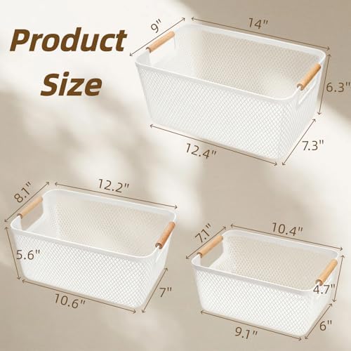 3 Pack Plastic Mesh Basket, White Weave Baskets with Wooden Handles