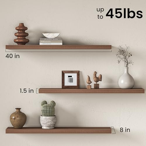 40" Floating Shelves for Wall, Set of 2, 8" Deep, 1.5" Thick, Walnut Finish