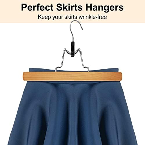 AMKUFO 20 Pack Natural Wooden Pants Hangers with Clips Non Slip Skirt Hangers Trouser Clamp Hanger Solid Wood Hanger with 360° Swivel Hook