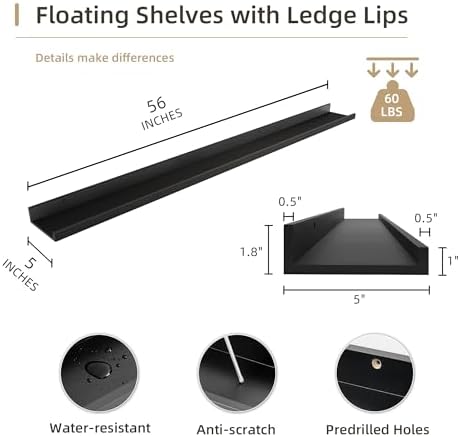 Acovy Picture Ledge Shelf, Wood Long Floating, Set of 2, 56 inch, Black