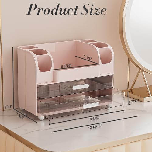 Delamu Large Makeup Organizer Countertop with 6 Brush Holders, Pink
