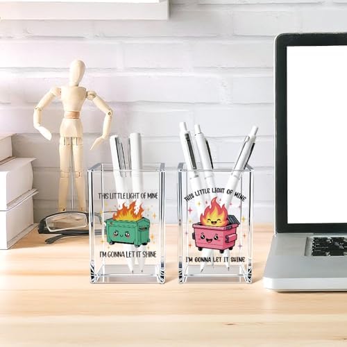 This Little Light Of Mine I'm Gonna Let It Shine Funny Acrylic Cosmetic Pencil Pen Holder Cup Set 2, Cute Dumpster Fire Pen Holder for Desk Office, Mental Health Gifts for Women Men Teachers