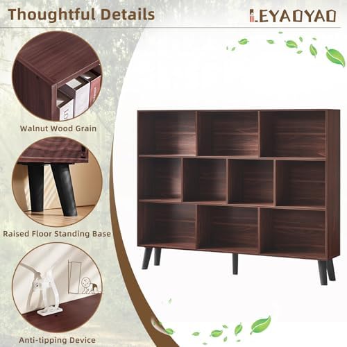 LEYAOYAO 10 Cube Bookshelf, Mid-Century Modern Book Shelf with Legs, Walnut