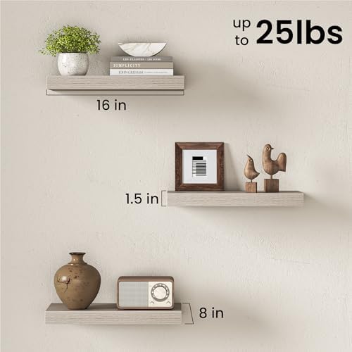 16" Floating Shelves for Wall, Set of 3, 8" Deep, 1.5" Thick, Gray