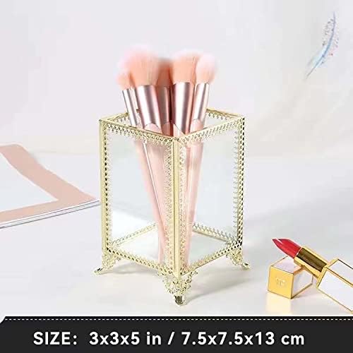 HKS Makeup Brush Holder Vintage Glass Handmade Organizer with Pink Pearls for Nail Brush, Vanity, Bathroom, Dresser, Cou