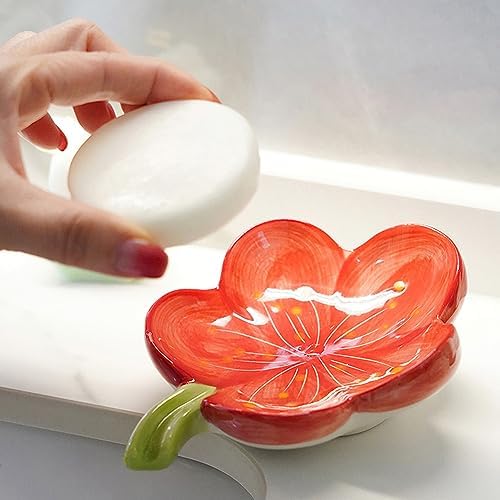 Self-Draining Soap Dish Ceramic Cute Bar Soap Holder for Countertop, Kitchen, Bathroom, Bedroom, Peach Blossom, Red