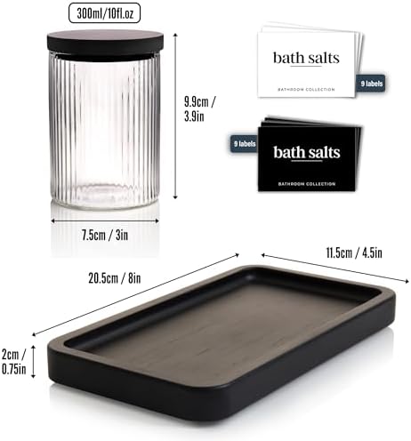 Mason & Fable Ribbed Glass Bathroom Jars & Tray Set | 10 fl oz, Set of 2 Storage Canister with Airtight Black Bamboo Lid