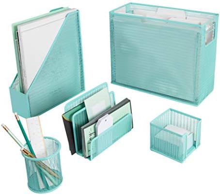 BLU MONACO Aqua Desk Organizer Set | 5-Piece Metal Office Supplies Set with Hanging File Organizer, Magazine Holder, Pen Cup, Sticky Note Holder & Letter Sorter | Cute Aqua Desk Accessories for Women