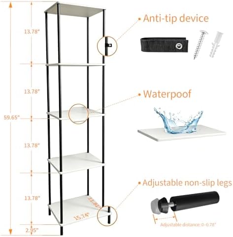 5 Tier Corner Bookshelf,Wooden Standing Shelf Unit with Metal Frame,Anti-Tip Design Narrow Storage Organizer for Small S